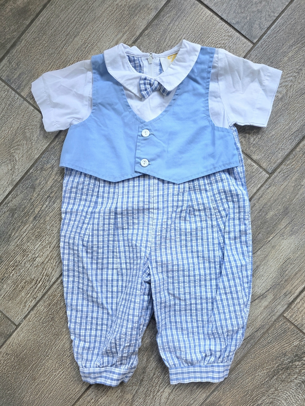 Vintage Tiny Tots Baby Boy Blue Gingham Playwear Romper with Vest & Bow 6/9m